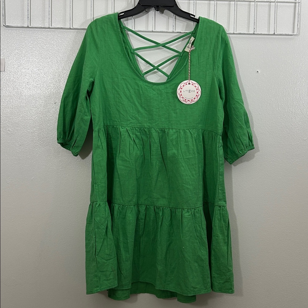 Umgee‎ Women S Green Babydoll Tiered Dress Casual 100% Cotton Beach 6221